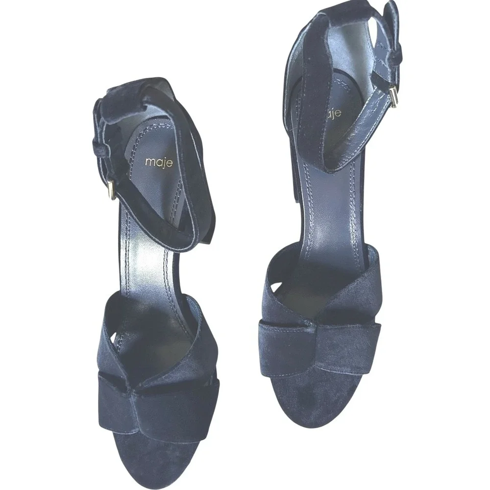 Maje Navy Velvet Bow Heels Womens Dress Sandals Block‎ Heel EU 41/US 10-10.5